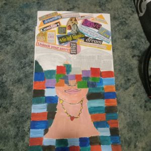 Abstract art with words above head