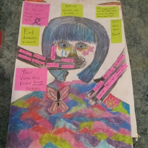 Artwork on domestic violence girl with hand over mouth abstract work on bottom done with pastels
