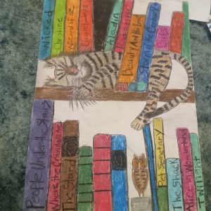 Cat laying on bookshelf sleeping done with pastels