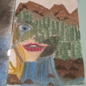 Girl looking through woods outdoor scene done with pastels