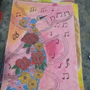 Girl singing with flowered dress on and music notes done with pastels