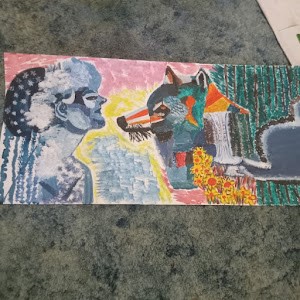 Girl looking at wolf outdoor scene acrylic painting