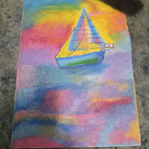 Sail boat on lake lots of color done with pastels