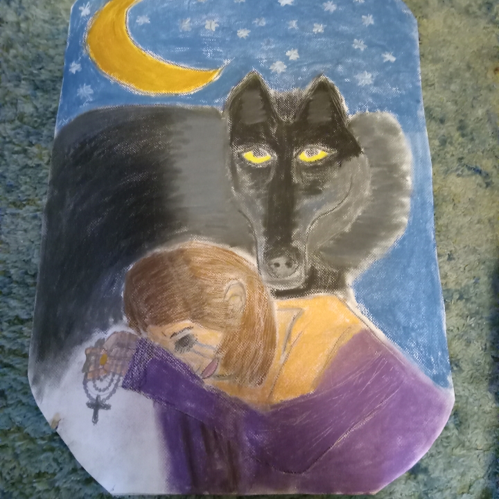 It's girl praying with wolf watching over her done with pastels and acrylics